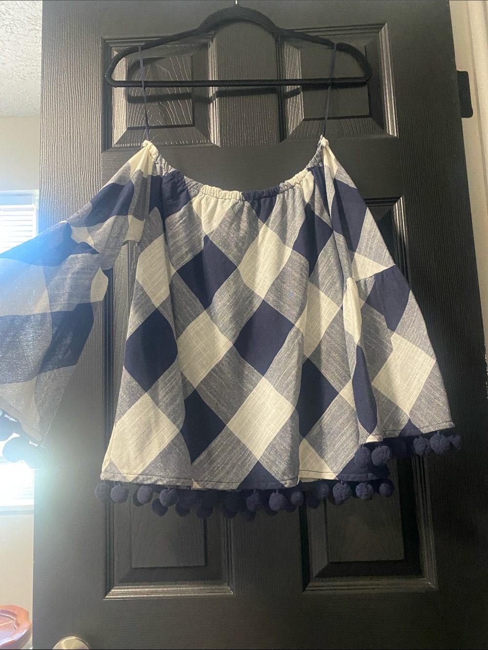 Wilton Park Navy and White Gingham Off-Shoulder Lined Top with PomPom Trim
